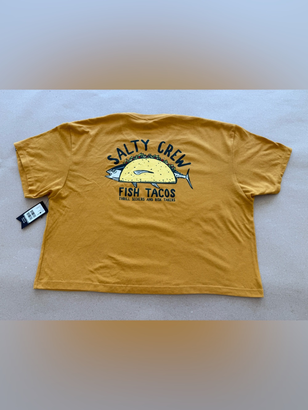 Salty Crew — Mustard Yellow Fish Tacos Cropped Tee — Size XL - Picture 5 of 6